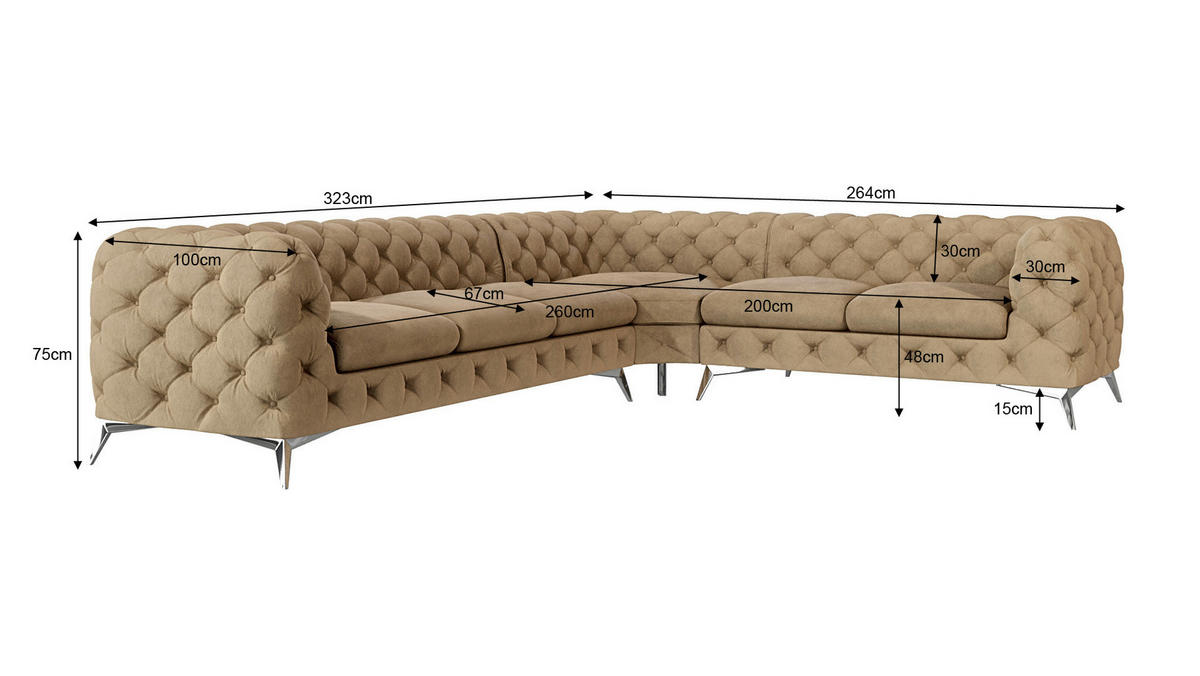 ECKSOFA Chesterfield Laura Beige Samt - Beige/Silberfarben, Holz/Textil (323/264cm) - S-Style Möbel