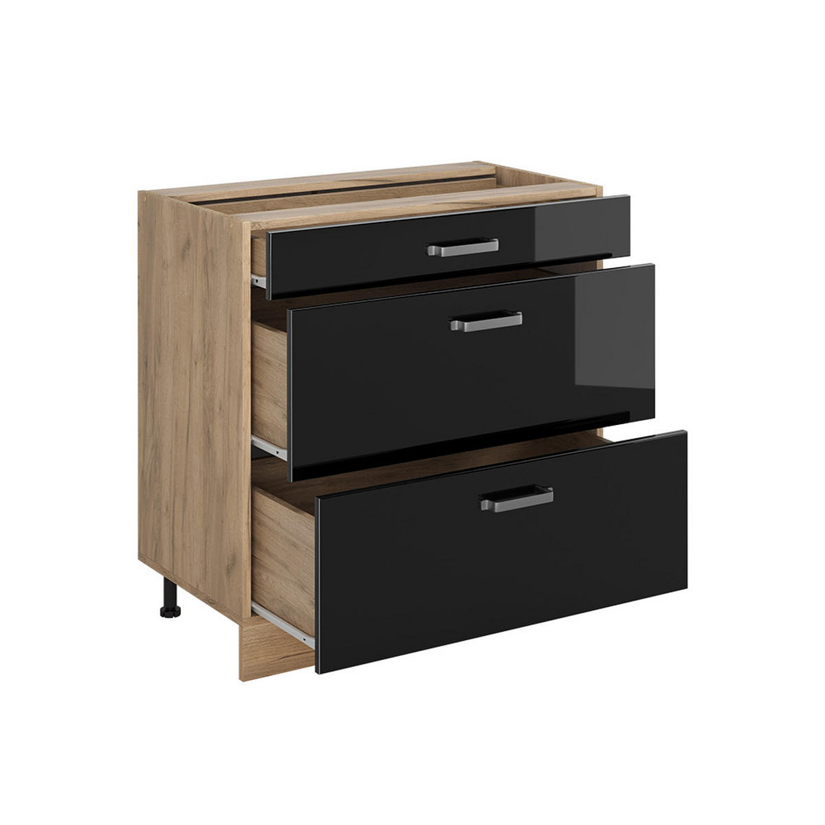 KÜCHENUNTERSCHRANK R-Line, Schwarz Hochglanz/Goldkraft Eiche, 80 cm mit 3 Schubladen Arbeitsplatte Marmor - Schwarz Hochglanz/Eichefarben, Holzwerkstoff (80/81.6/60cm) - Vicco