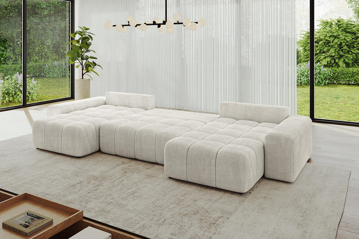 WOHNLANDSCHAFT ENIL-U 390x175x84 Hellgrau Cord - Hellgrau, Holzwerkstoff/Kunststoff (390/84/175cm) - ALTDECOR