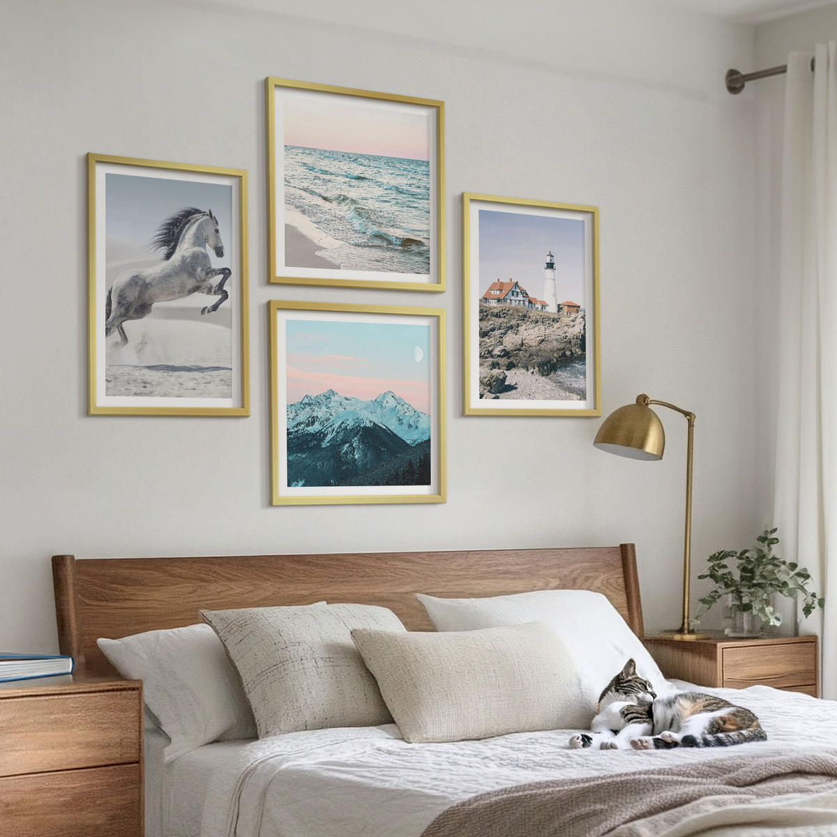 BILDER SET 4er Set - 50x50 cm & 40x60 cm Goldrahmen - Pferde, Bewegung, Strand, Leuchtturm, Berge - Goldfarben, Kunststoff (50/50cm) - TULUP