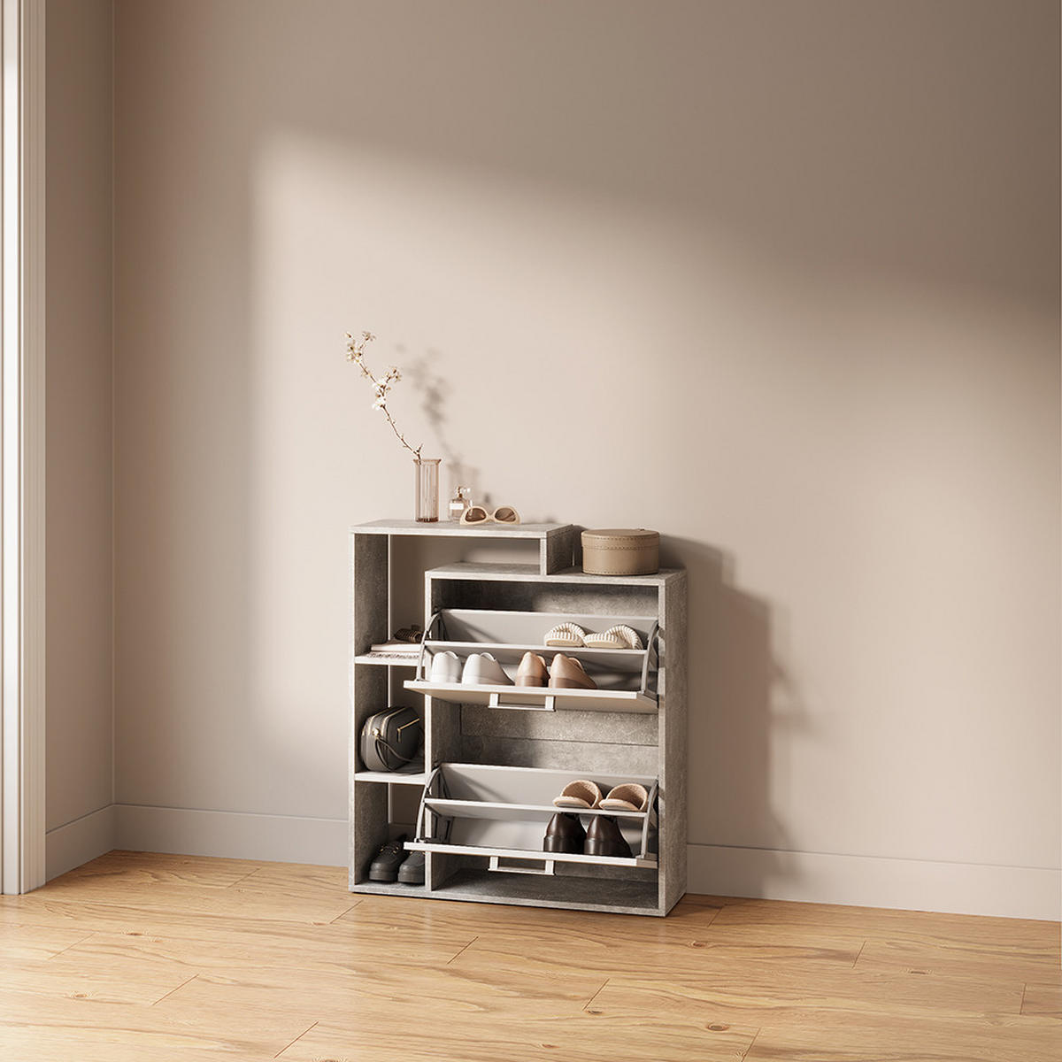 SCHUHKIPPER Ortello Weiß/Beton 24.5 x 90 cm - Weiß/Grau, Holzwerkstoff (24.5/90/80cm) - Livinity®