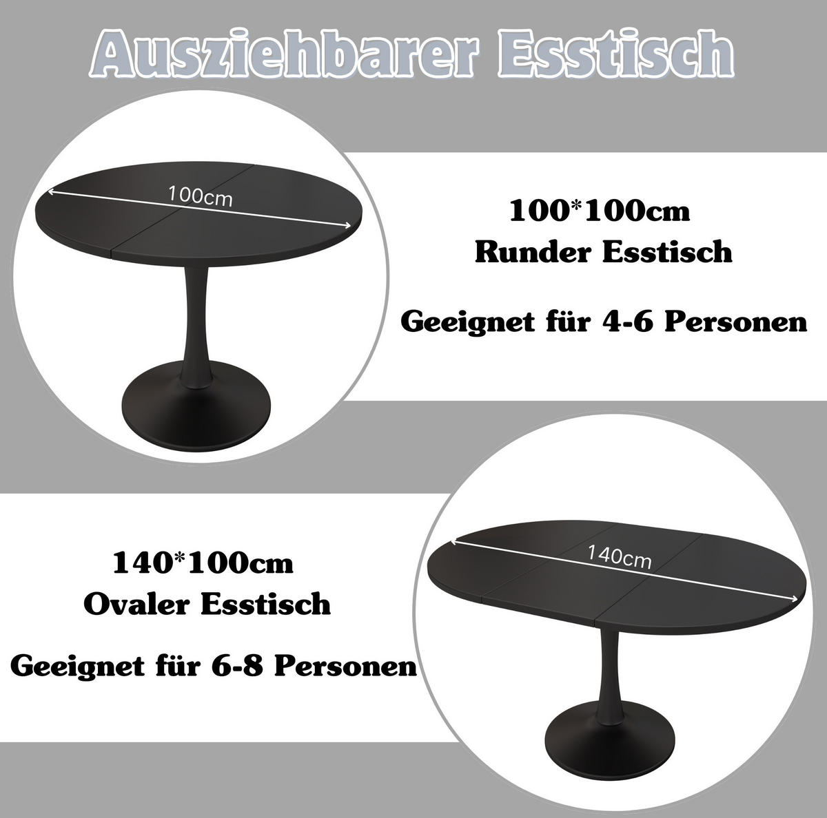 ESSTISCH aus MDF 100/140x100x75 cm Schwarz ausziehbar, oval und platzsparend - Schwarz, Holzwerkstoff (100/140/75cm) - Modfu