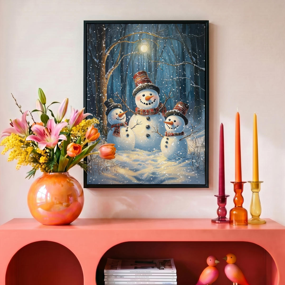 LEINWAND Bilder mit Rahmen - Schneemann - Schnee - Winter - Wald - 30x40 - Hellblau, Textil (30/40cm) - MuchoWow