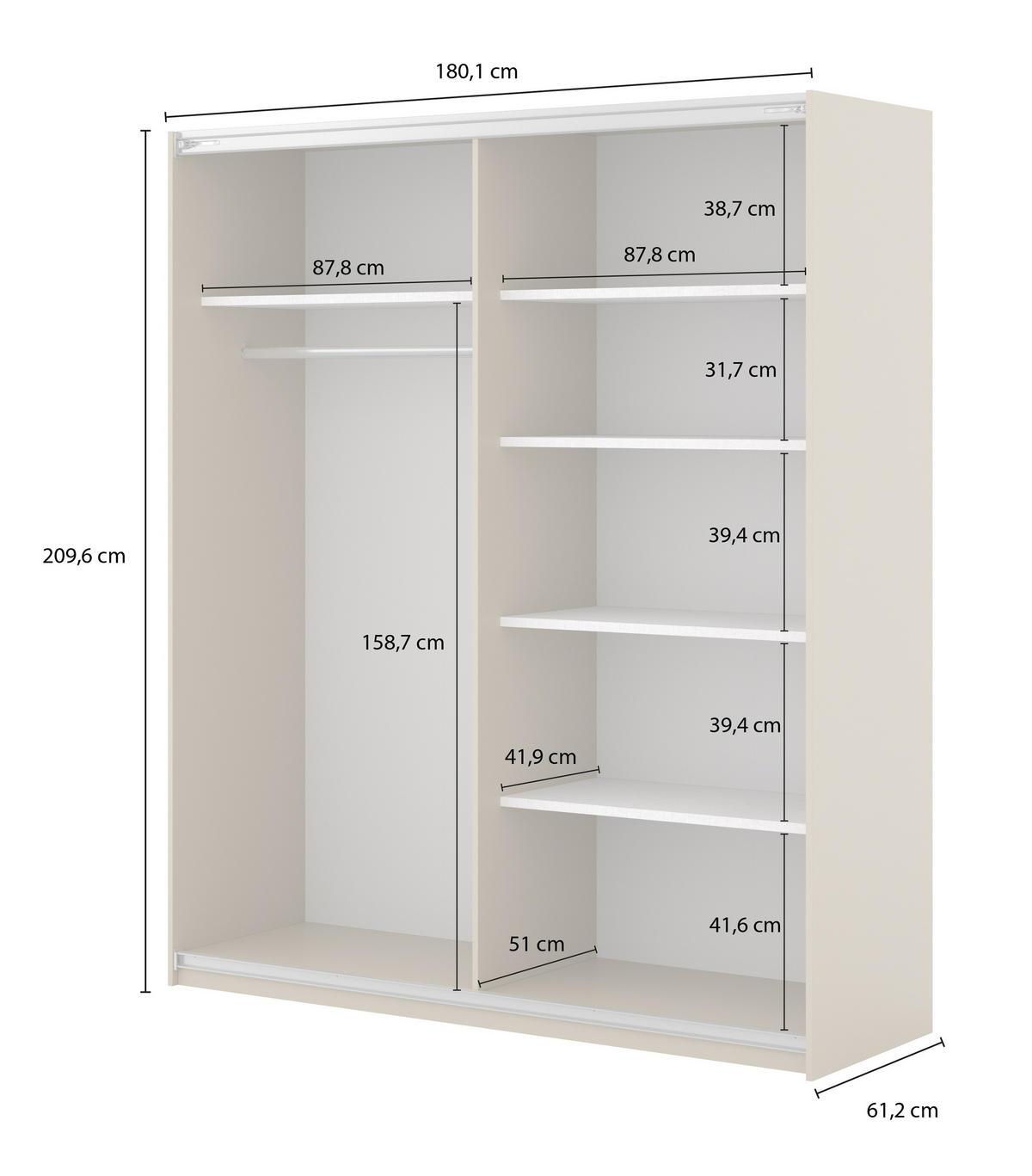 SCHWEBETÜRENSCHRANK VANTE 180/210/62 cm 2-türig Beige - Beige, Holzwerkstoff (180/210/62cm) - MASSENO