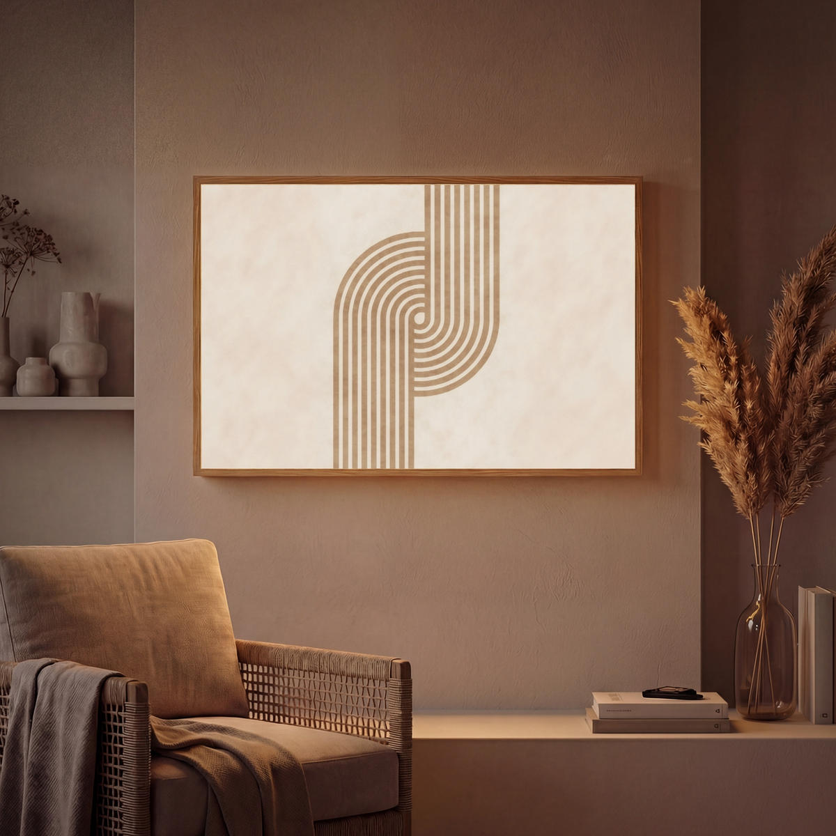 NÁSTĚNNÁ LAMPA S AKUMULÁTOREM Symetrický ohyb - měděná barva 90x60 cm - béžová, kompozitní dřevo (90/60/8cm) - OnlyWow