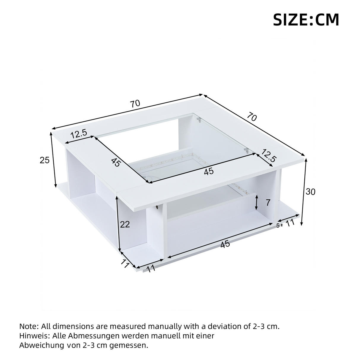 COUCHTISCH mit Hochglanz Weiß und Glasplatte integrierten Ablagen LED-Beleuchtung 70/70/30 cm - Weiß, Glas/Holzwerkstoff (70/70/30cm) - EVRYAE