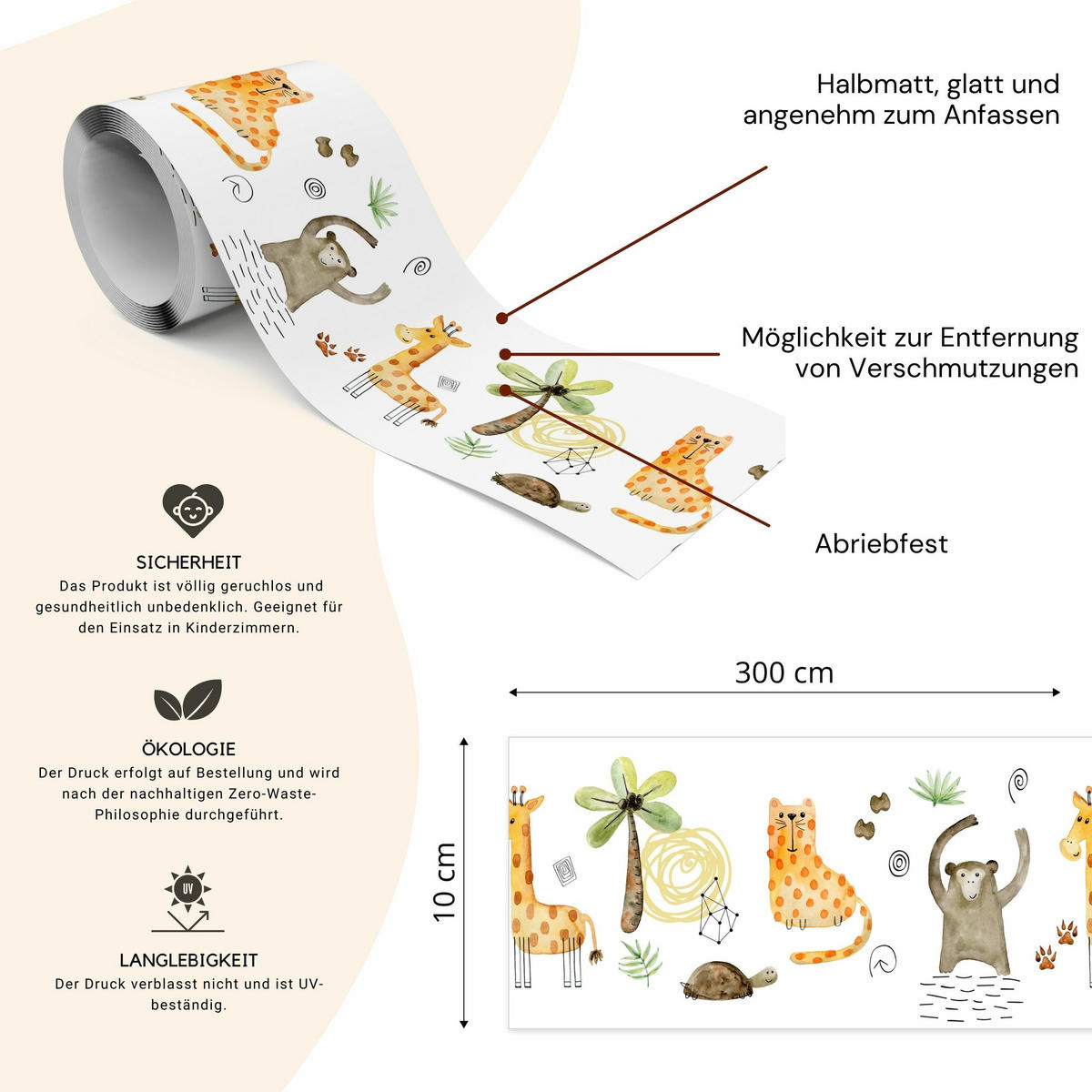 TAPETENBORDÜRE selbstklebend für Kinder wilde TIERE tropische Pflanzen - Beige/Schwarz, Papier (10/300/300cm) - Muralo