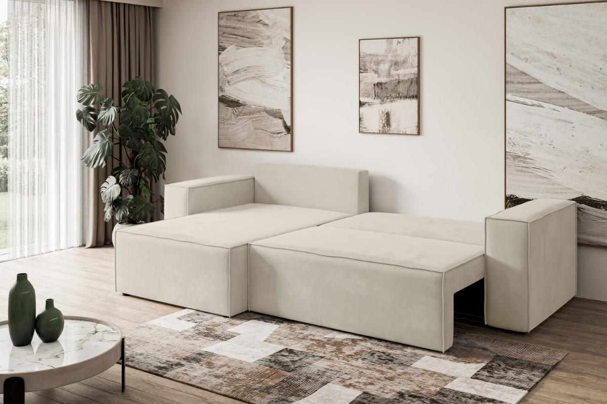 ECKSOFA mit Schlaffunktion und Bettkasten CELTIC-XL - 277x143x83 cm Beige Velours - Beige/Schwarz, Holzwerkstoff/Kunststoff (277/143cm) - ALTDECOR