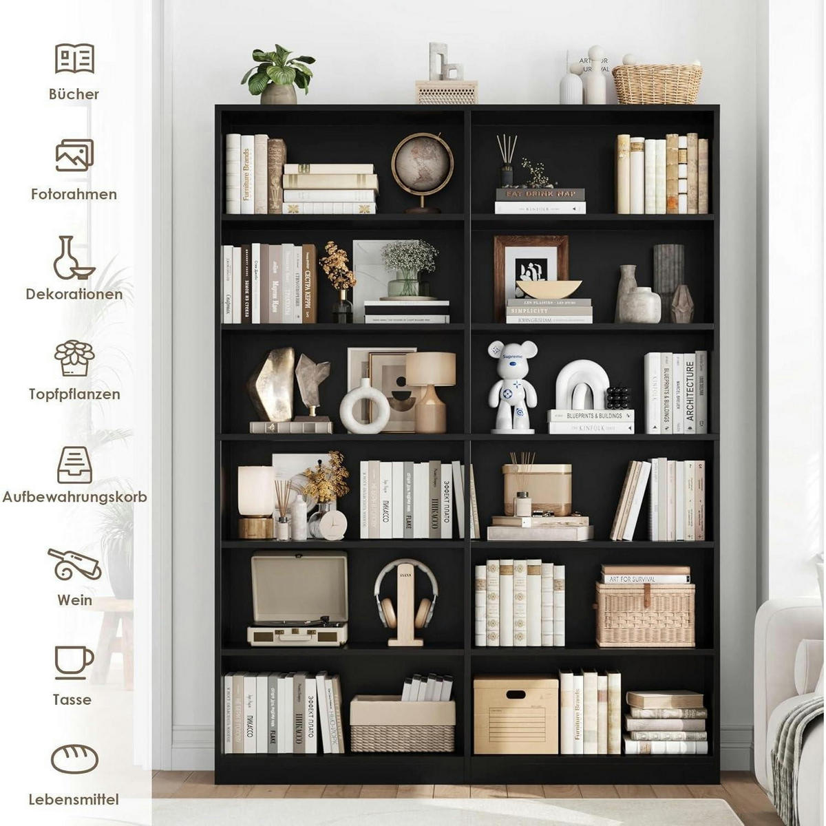 BÜCHERREGAL 120 x 30 x 188,7 cm schwarz - Schwarz, Holzwerkstoff (120/188.7/30cm)