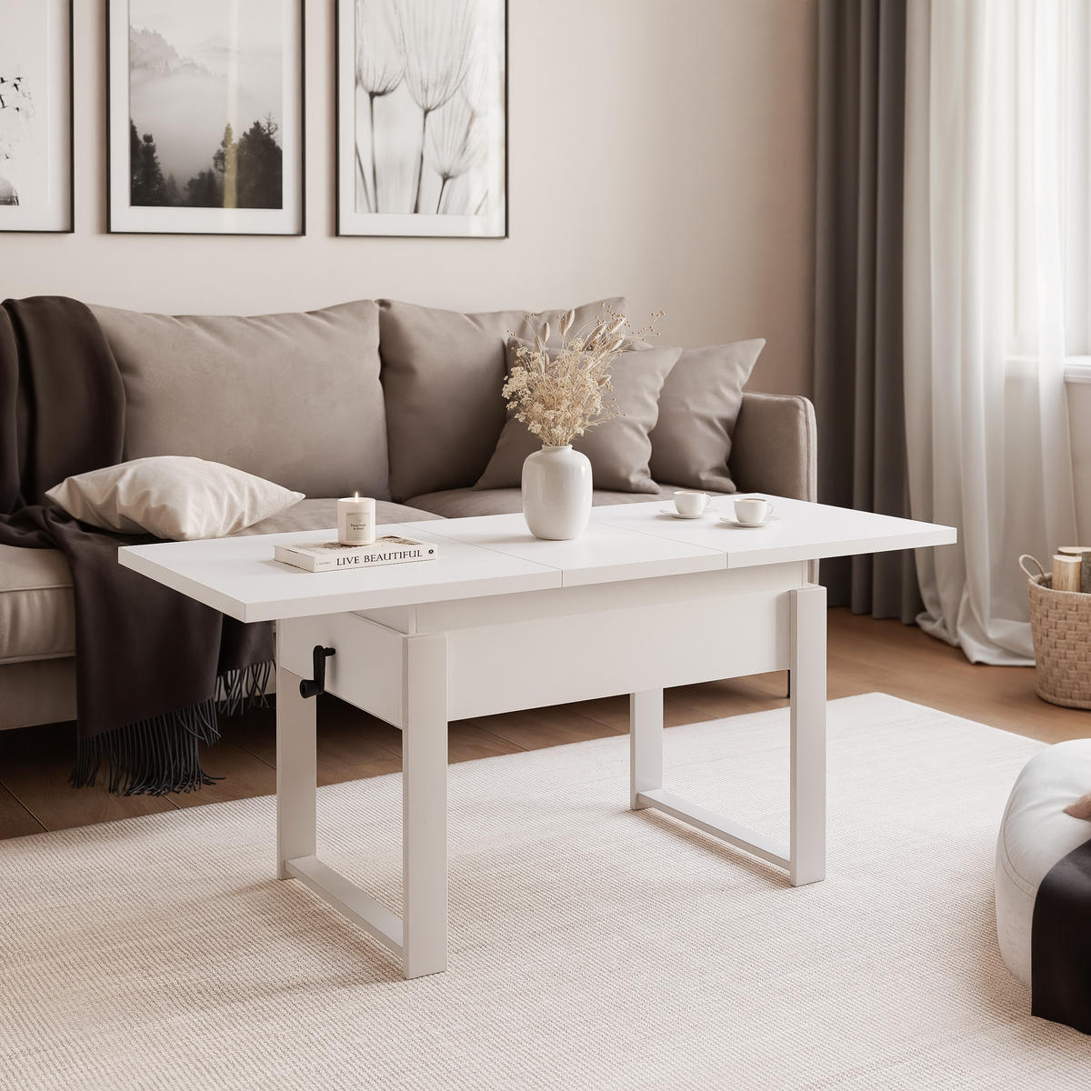 COUCHTISCH TIVOR Multifunktionalität 3-in-1 - Kaschmir/Weiß, Holzwerkstoff/Metall (67/120/63.5cm) - Idohome
