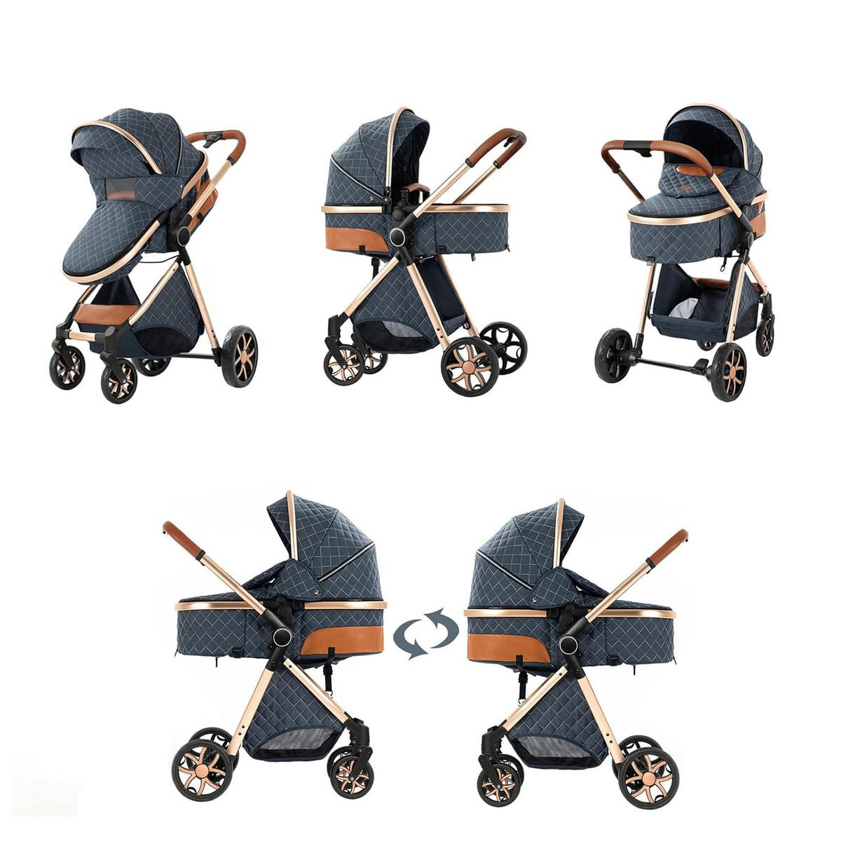 KINDERWAGENSET 3-in-1 mit Autositz, Neugeborenen-Sicherheitsgurt mit fünf Punkten, stoßdämpfend, faltbar, YV9-Blau - Blau, Metall (80/60cm) - Kaket