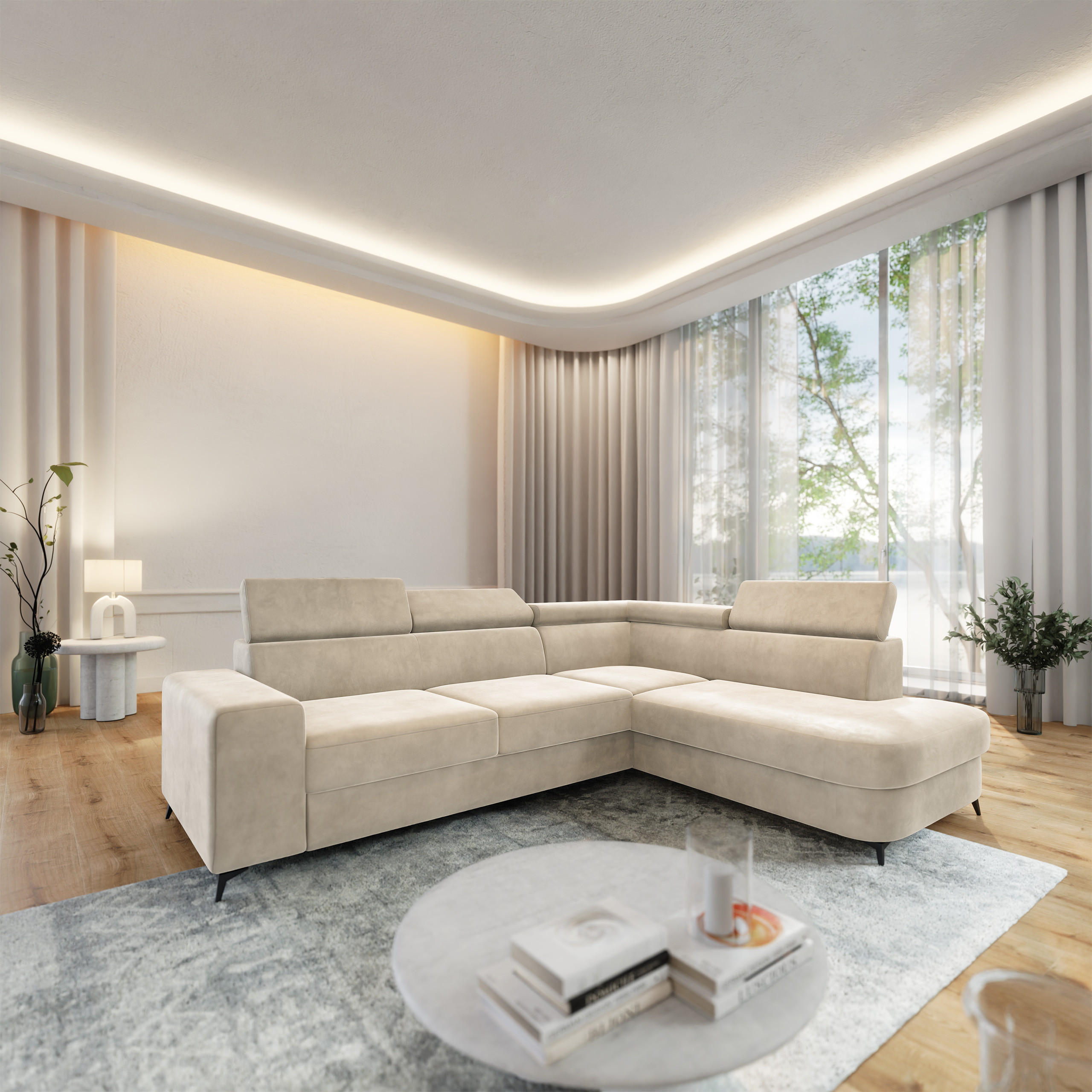 ECKSOFA ALVORO R-S Creme Velours-Stoff mit Schlaffunktion - Creme, Holz (253/190cm) - MASSENO