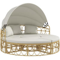 GARTENMÖBEL-SET 178/85/66,5 cm mit ausziehbarem Sonnendach, Hockern und Couchtisch aus Rattan, Cremeweiß - Weiß, Naturmaterialien - Redom
