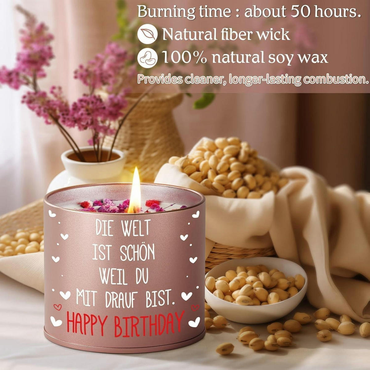 KERZE im Metallbehälter mit Spruch "Die Welt ist schön, weil du mit drauf bist. Happy Birthday" - Rosa, Metall (8.5cm)