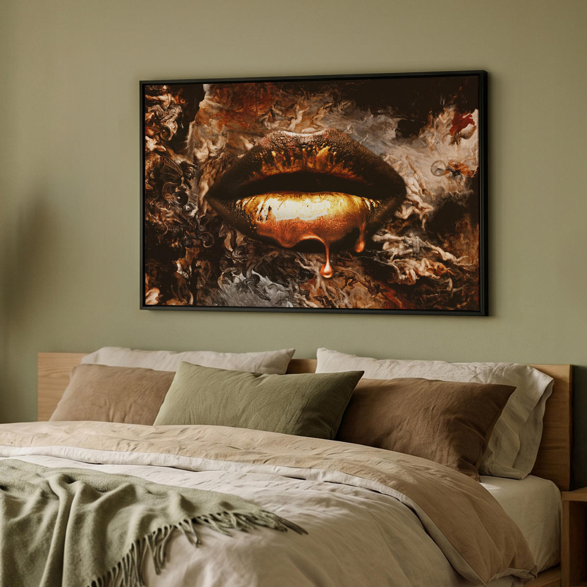 LEINWAND Bilder mit Rahmen - Gold - Lippen - Kunst - Gold - Luxus - Abstrakt - 90x60 - Kupferfarben, Textil (90/60cm) - MuchoWow