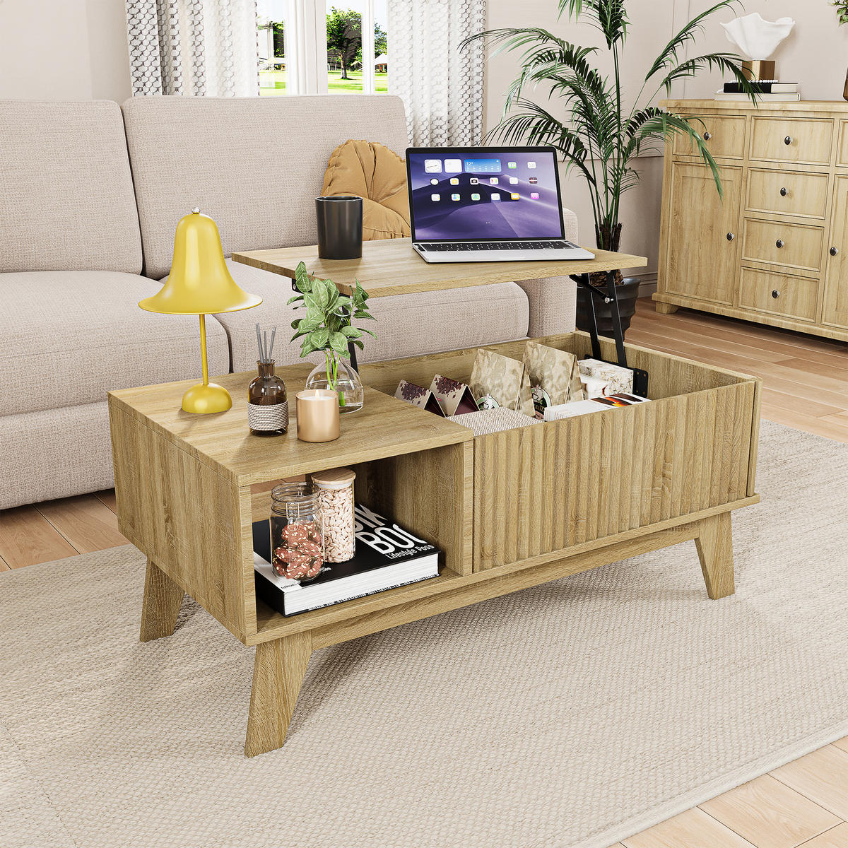 COUCHTISCH höhenverstellbar, holzoptik, mit stauraum - Eichefarben, Holz (95/48/42cm) - SHOPENTRA