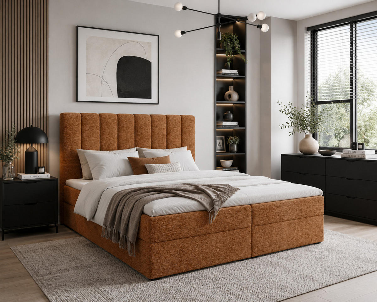 BOXBETT 01 140 x 200 cm - Arena – Stilvoll und bequem Mit Bettkasten, PU-Topper, Federmechanismus, waschbarer Bezug - Orange, Holz (140/200cm) - ROYAL24_MARKT