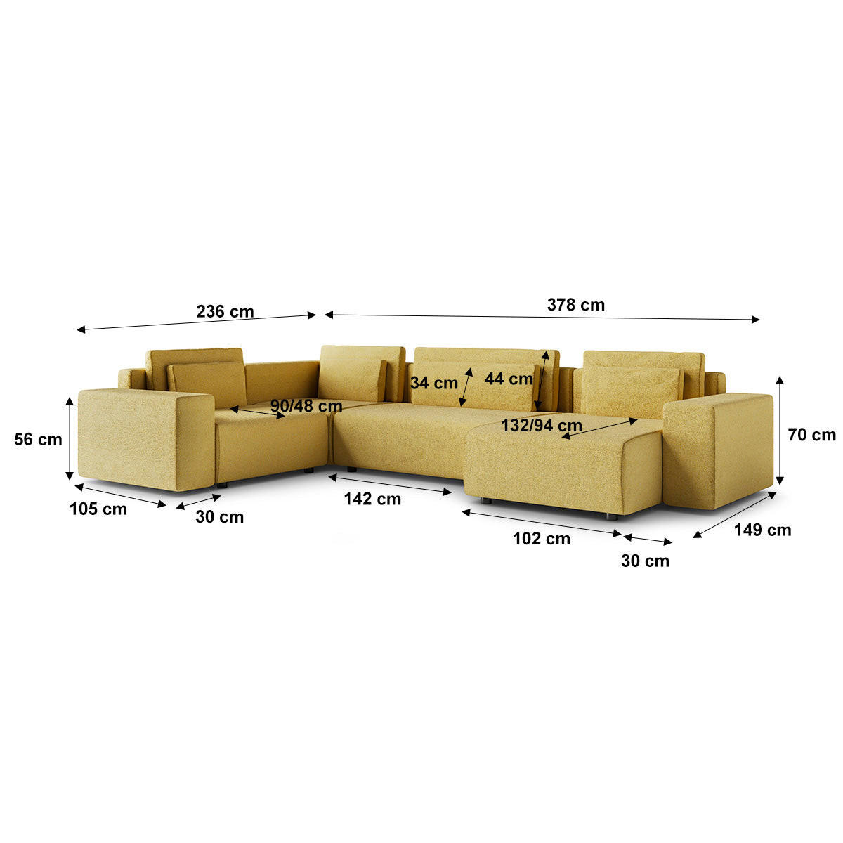 PANORAMASOFA Lorenzo 5 Sitzplätze Gelb - Gelb, Holz (378/85/236cm) - Petits-meubles