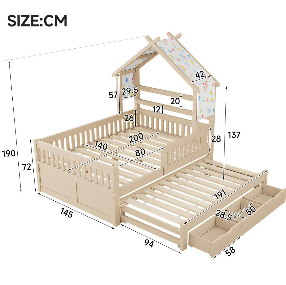 HAUSBETT 140x200 cm in Creme mit Ausziehbett, 3 Schubladen und Schutzgitter - Creme, Holzwerkstoff (140/200cm) - IVMEU