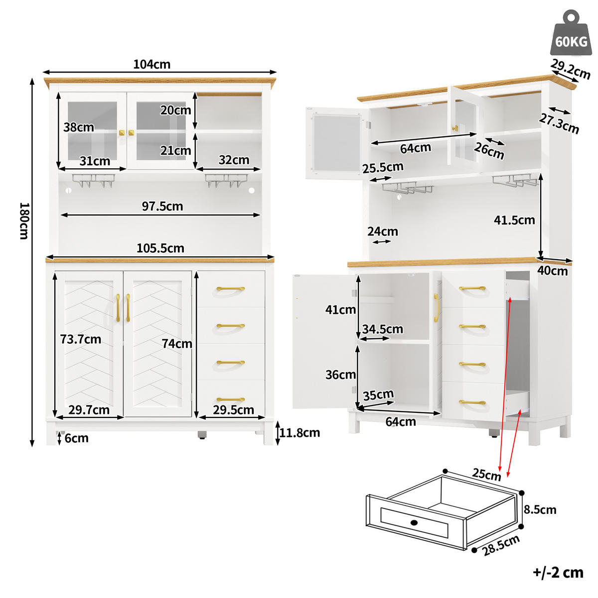 BUFFETSCHRANK 105,5/40/180 cm mit LED-Lichtleiste, App-Steuerung und viel Stauraum aus MDF, Weiß - Weiß, Holzwerkstoff (105.5/180/40cm) - Redom