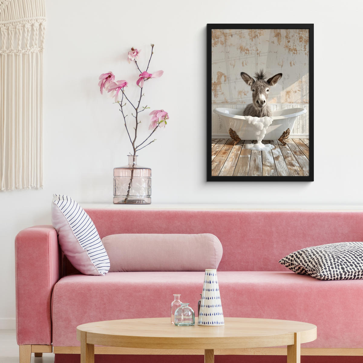 GERAHMTES BILD Esel - Tiere - Badewanne - Schaumstoff 40x60 cm - Weiß, Papier (40/60cm) - MuchoWow