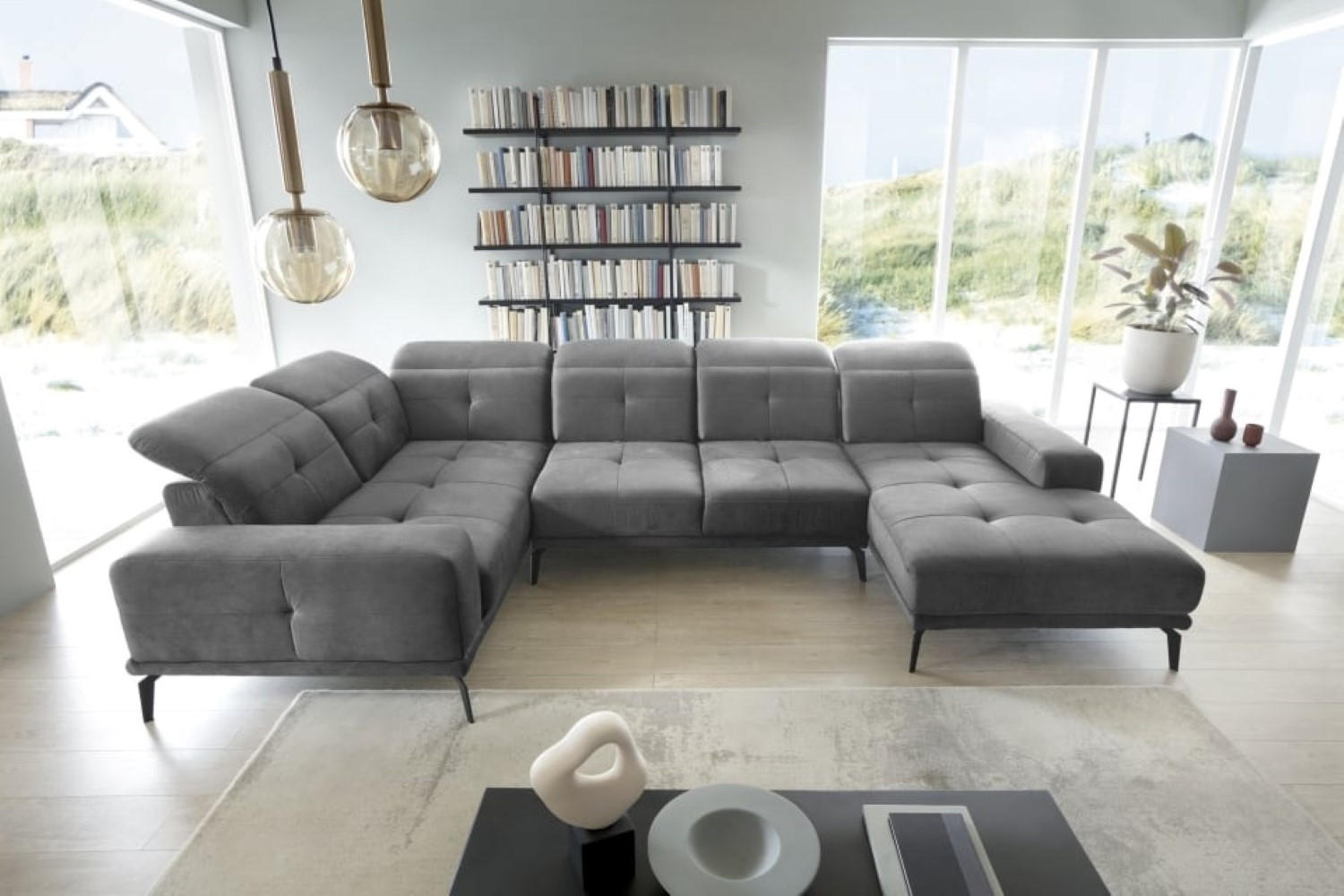 WOHNLANDSCHAFT mit Sitztiefenverstellung, wasserabweisender Nube-Stoff der Spitzenklasse - Schwarz/Grau, Textil/Metall (350/77/210cm) - Eltap