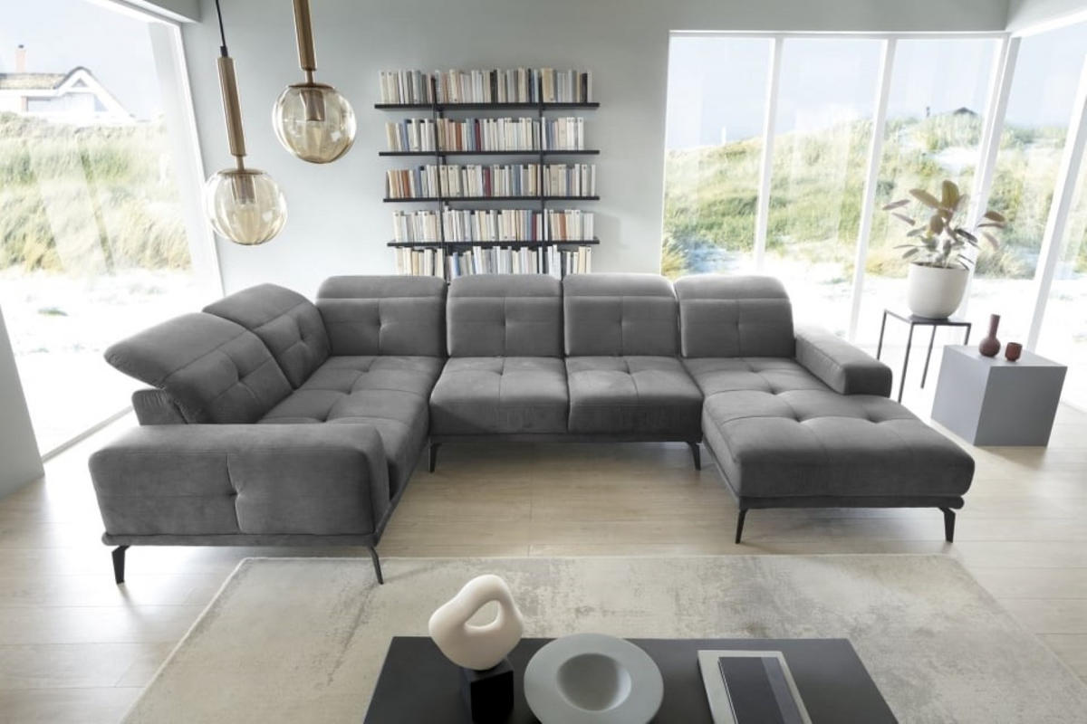 WOHNLANDSCHAFT mit Sitztiefenverstellung, wasserabweisender Nube-Stoff der Spitzenklasse - Schwarz/Grau, Textil/Metall (350/77/210cm) - Eltap
