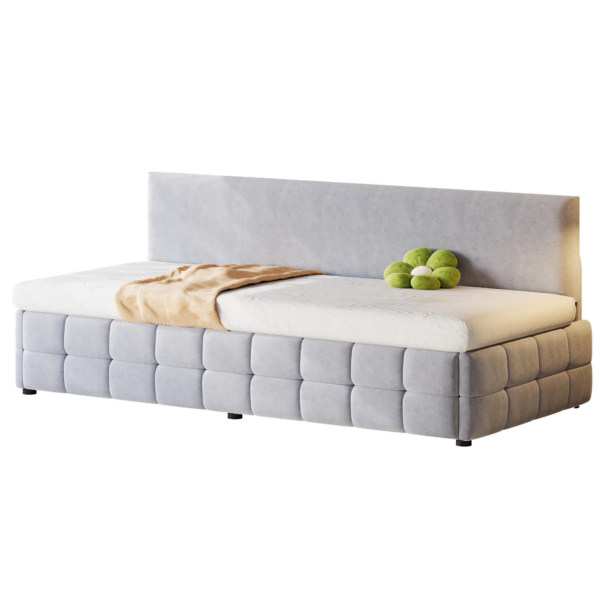 OKWISH ČALOUNĚNÁ postel 90/200 cm světle šedá z sametu s úložným prostorem a opěrkou zad