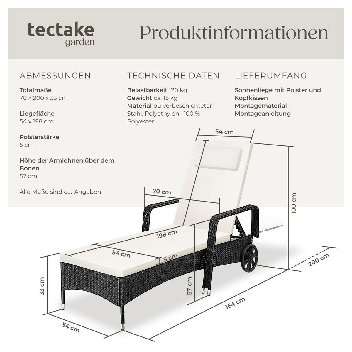 RATTAN-SONNENLIEGE, 200 x 70 x 33 cm, schwarz/beige - Beige/Schwarz, Kunststoff (70/33/200cm) - tectake
