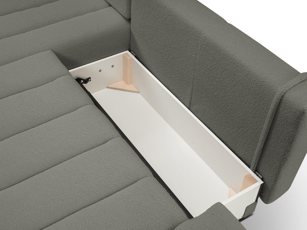 ECKSOFA GIOIA L-S Grau Boucle-Stoff mit Schlaffunktion - Grau, Holz (276/176cm) - MASSENO