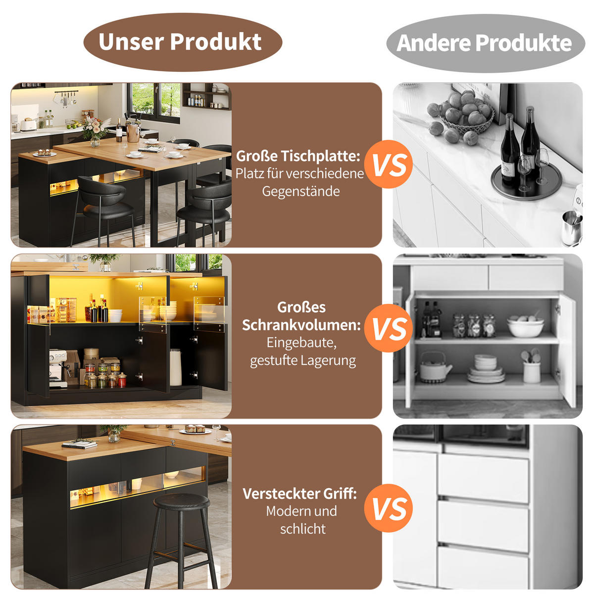 BARTISCH 360° Drehbar 120-180cm LED Stauraum - Schwarz, Holzwerkstoff (40/120/75.8cm) - FLIEKS