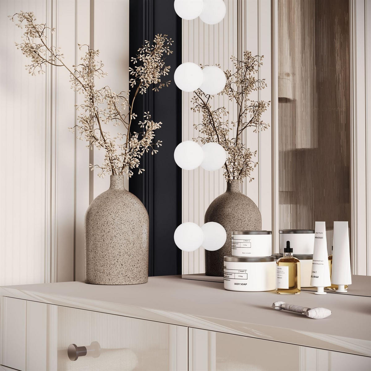 SCHMINKTISCH BLANCO KASCHMIR ELITE mit Spiegel und Beleuchtung silberner Chrom silberner Griff - Ecru, Holzwerkstoff (100/81/42cm) - Lookway