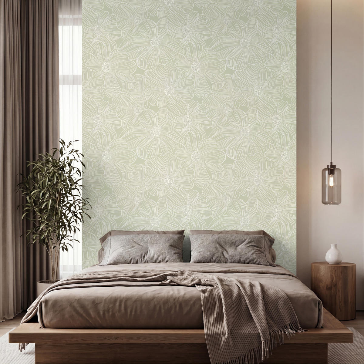 TAPETE - Gelassenheit - Blumen - Grün - 180x280 cm - Salbeigrün, Papier (180/280cm) - OnlyWow