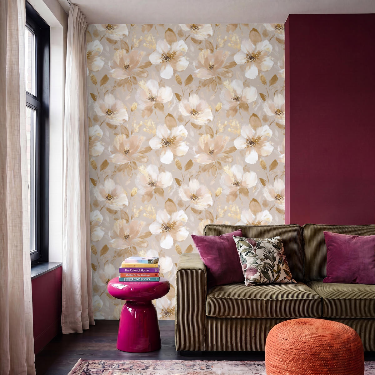 TAPETE - Blumen - künstlerisch - Gold - 180x280 cm - Beige, Papier (180/280cm) - OnlyWow