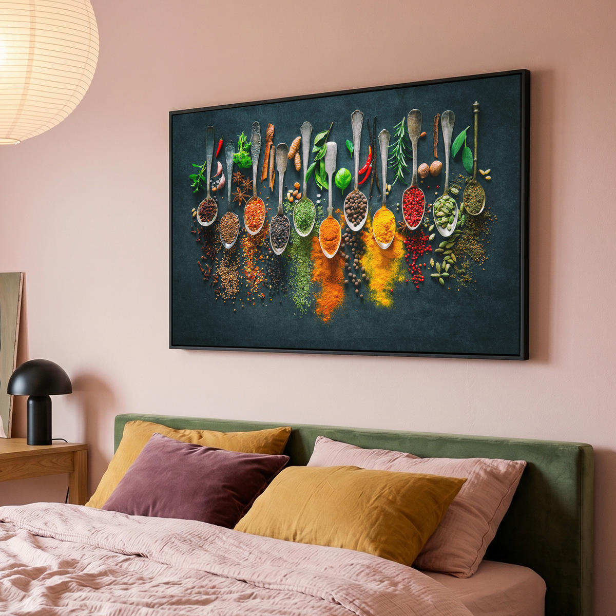 LEINWAND Bilder mit Rahmen - Kräuter - Gewürze - Löffel - 120x80 - Currygelb, Textil (120/80cm) - MuchoWow