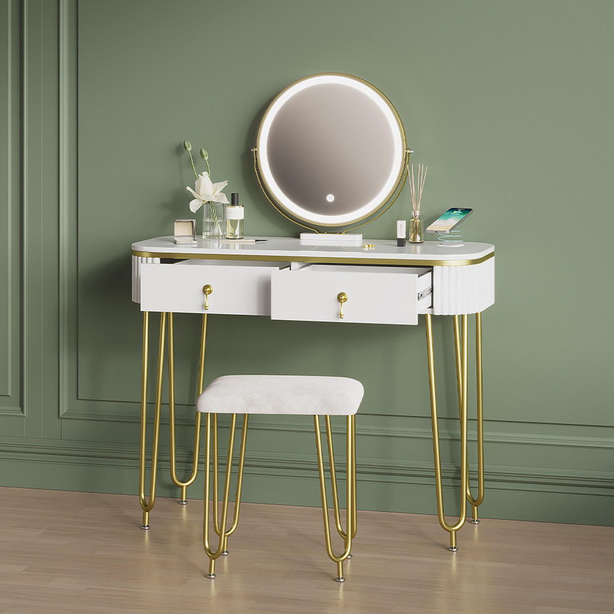 SCHMINKTISCH Isonca Weiß mit LED-Spiegel, QI-Ladestation und Hocker - Weiß, Holzwerkstoff (100/126/40cm) - Livinity®