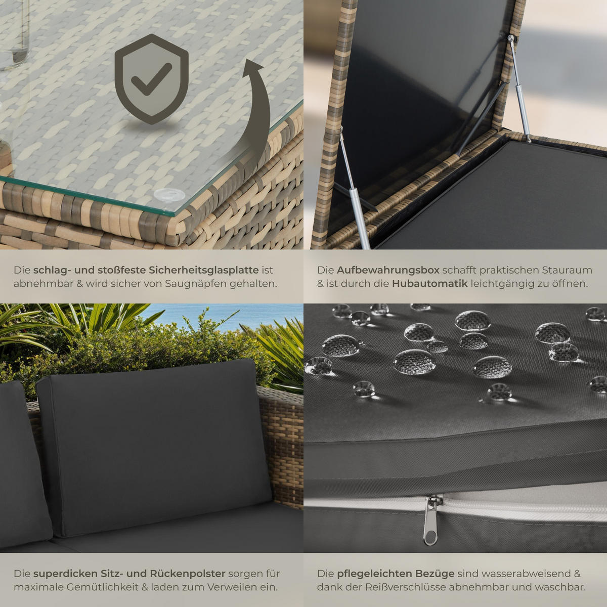 RATTANLOUNGE Siena,mit Sicherheitsglasplatte,natur/dunkelgrau - Naturfarben, Kunststoff - tectake