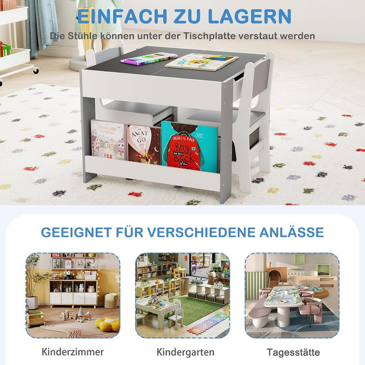 KINDERTISCH mit Stuhl grau(3-tlg) - Grau, Holzwerkstoff (61.5/48/61.5cm) - COSTWAY
