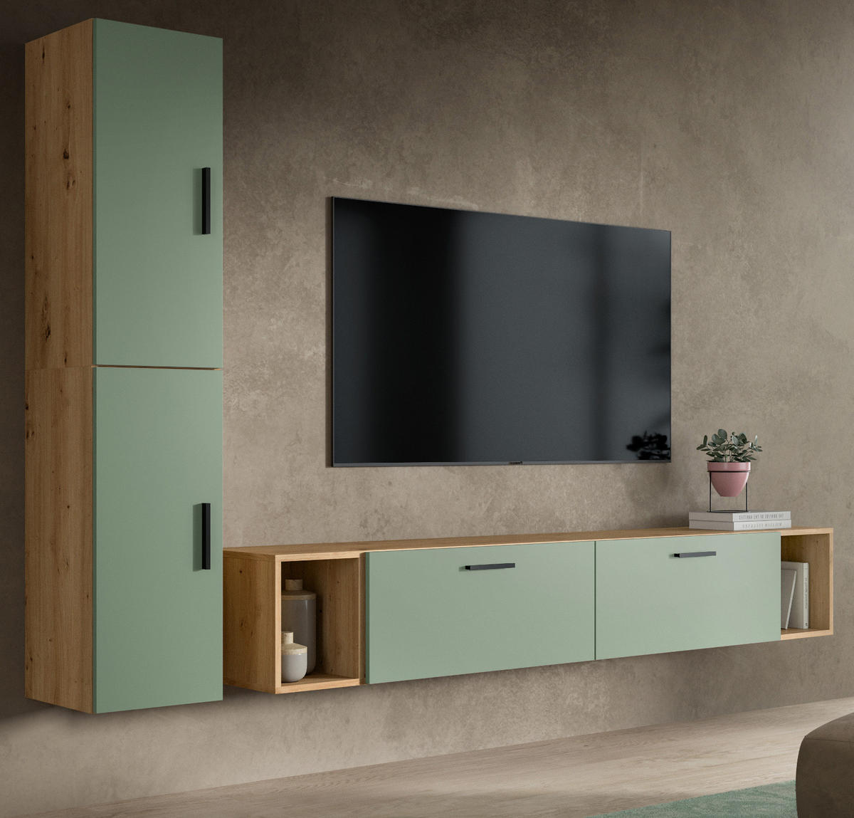 WOHNWAND grün, Eiche Artisan 249 x 184 cm, Wohnkombination hängend / stehend - Schwarz/Eiche Artisan, Holzwerkstoff/Kunststoff (249/184/34cm) - Inn.Furn