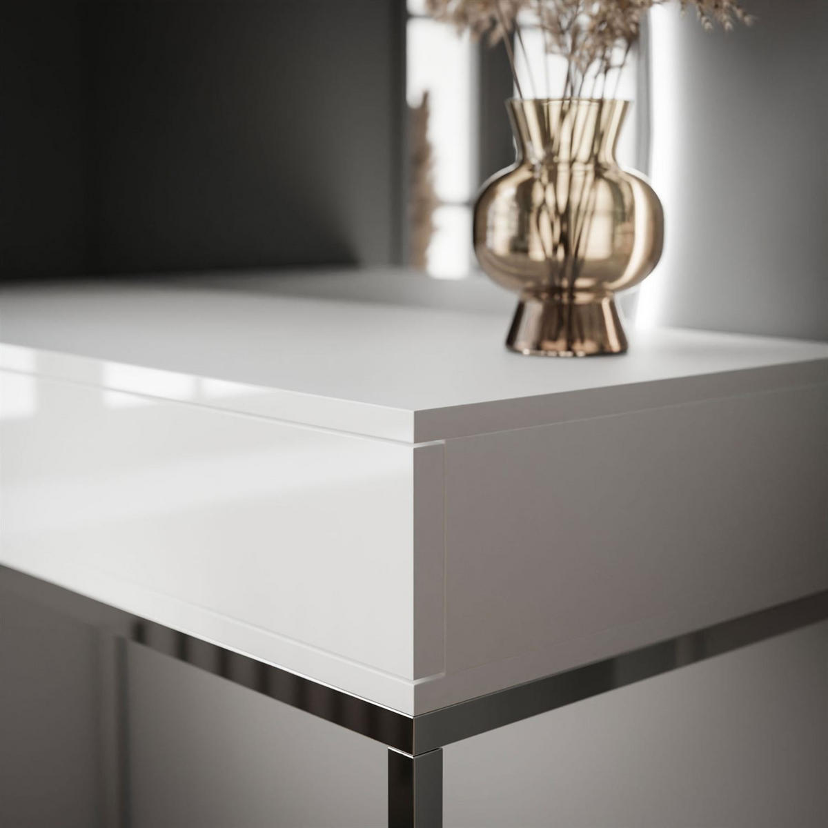 SCHMINKTISCH weiß QUINNIE GLAMOUR mit LED-Spiegel rechts PUSH OPEN - Silberfarben/Weiß, Holzwerkstoff (100/176/42cm) - Lookway