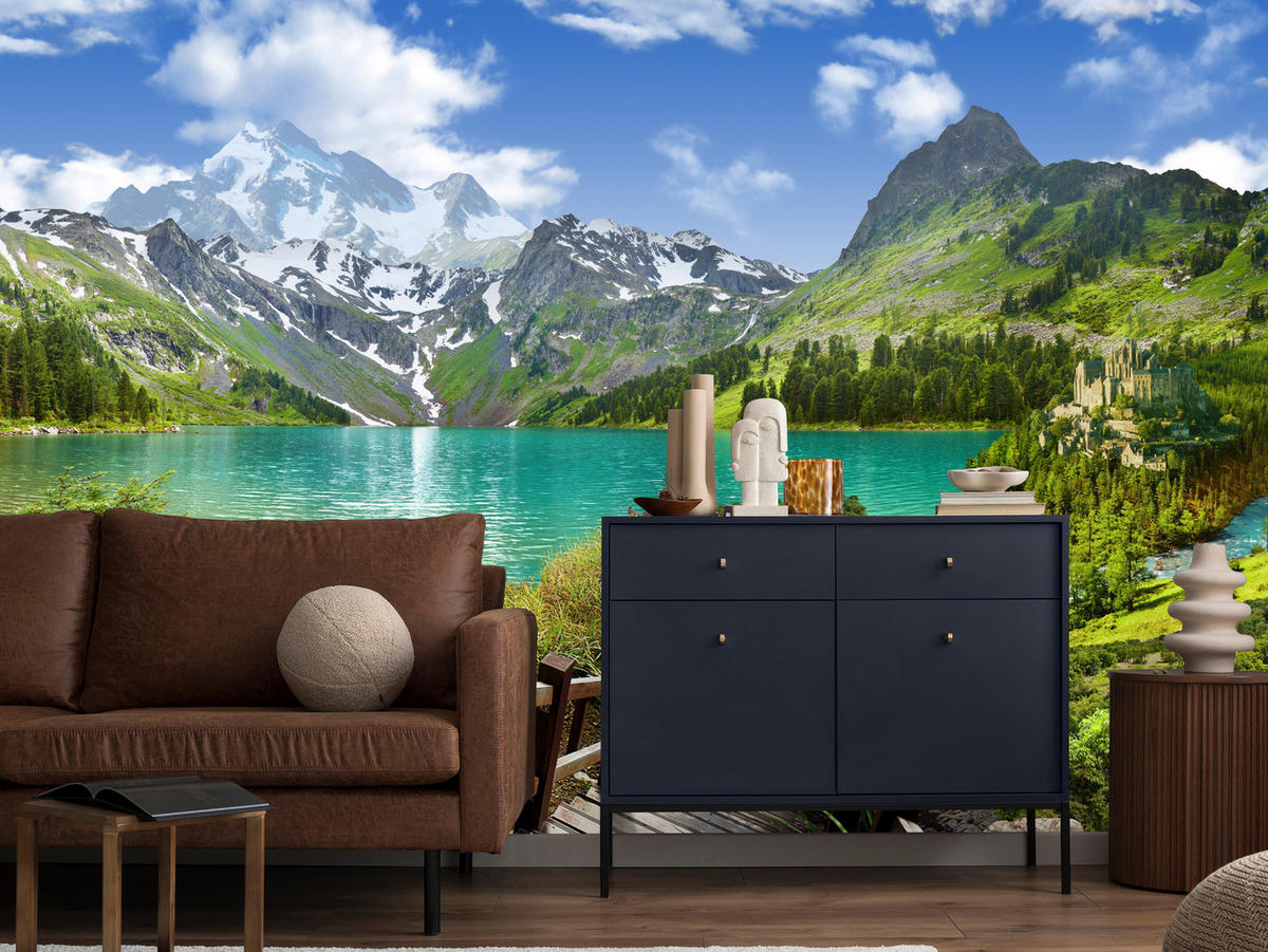 FOTOTAPETA Pre Obývaciu Izbu Drevené Mólo Horské Jazero Rastliny Pokoj 500 x 350 cm - hnedá/modrá, papier (500/350cm) - Muralo