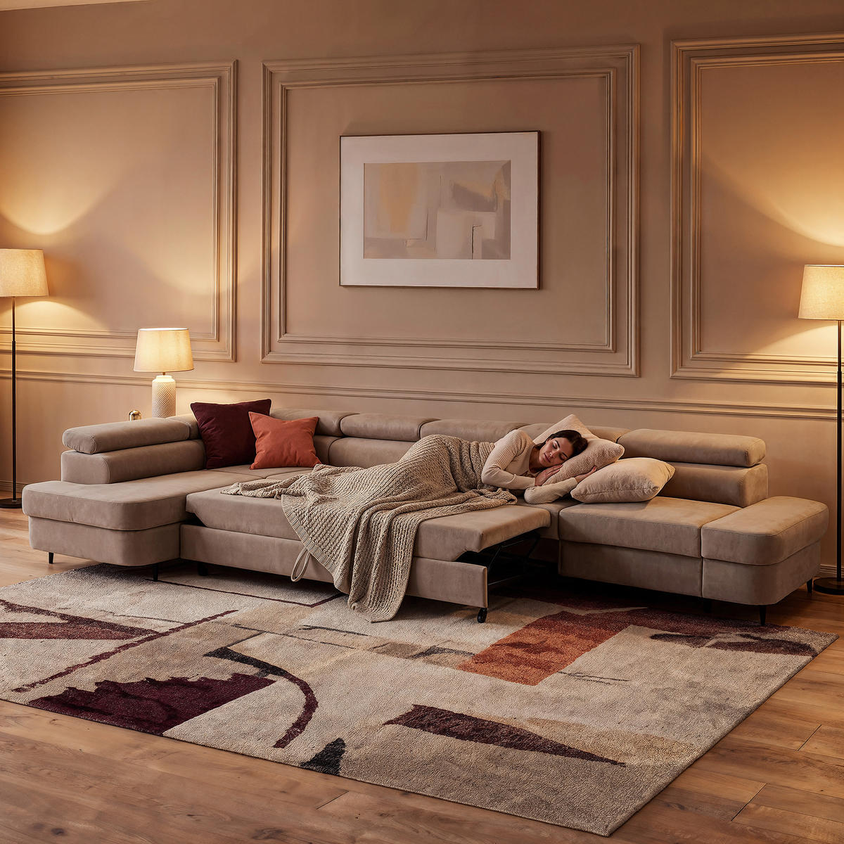 ECKSOFA PRIAM XXL L-Form Links mit Schlaffunktion 125x265 Velours Creme - Creme/Schwarz, Holz/Textil (203/420cm) - Muffo
