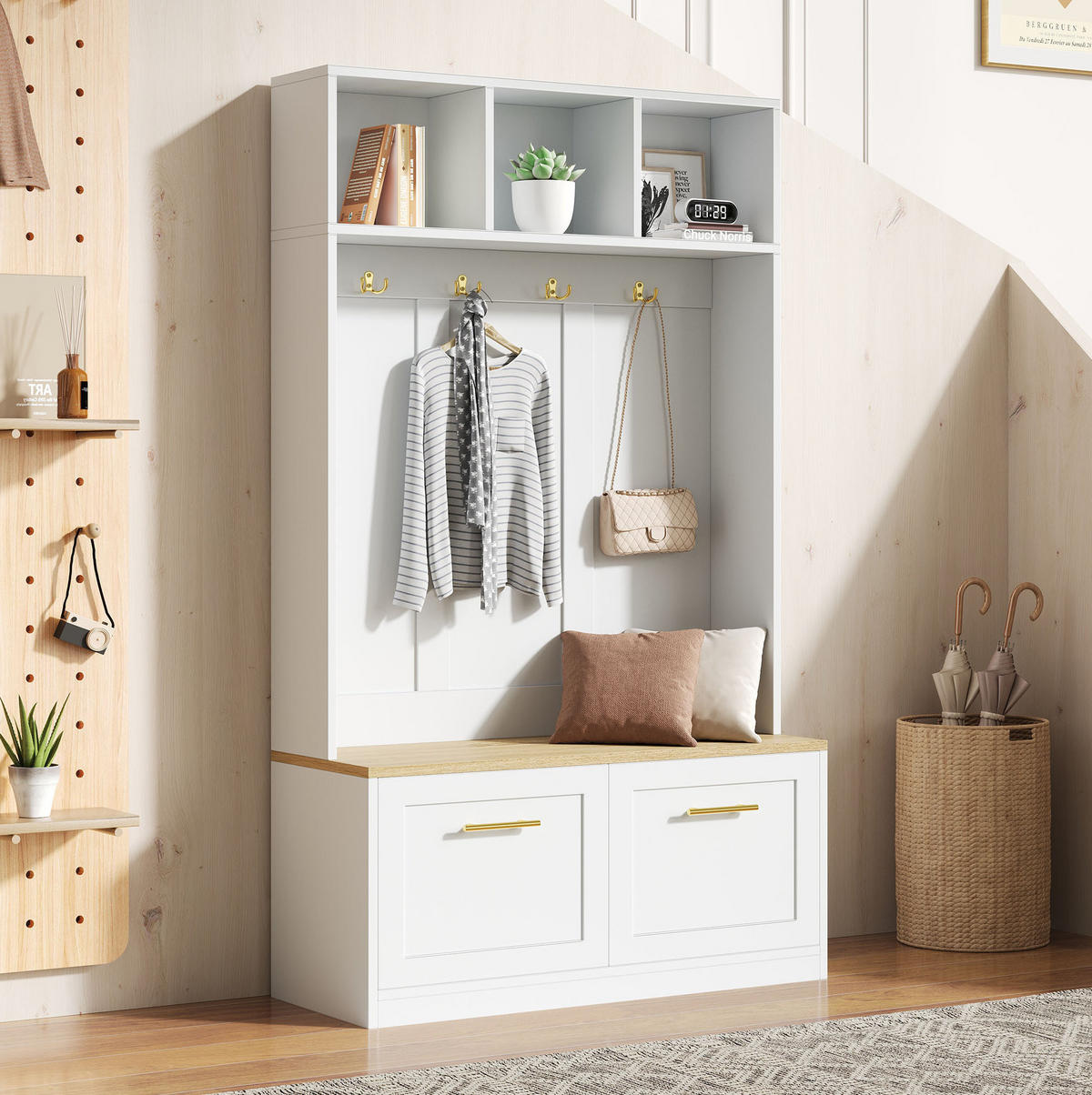 GARDEROBENSET mit Sitzbank 105 x 40 x 180 cm Holzoptik Weiß - Weiß, Holzwerkstoff (40/180/105cm) - Beauniv