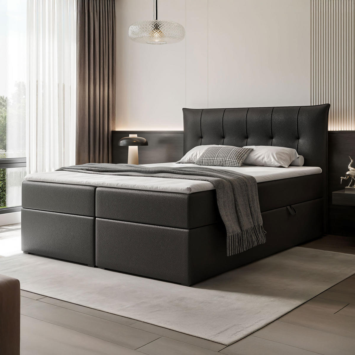 BOXBETT CHESTER 180/200 cm mit Matratze und Topper, Schwarz - Schwarz, Holzwerkstoff/Textil (180/200cm) - Idohome