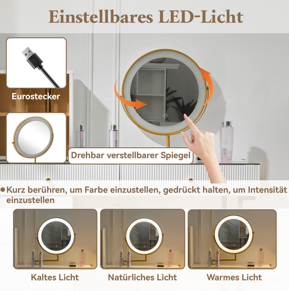 SCHMINKTISCH 120/45/115 cm weiß/gold aus Glas-Holzwerkstoff mit LED - Weiß, Holzwerkstoff (45/115/120cm) - OKWISH