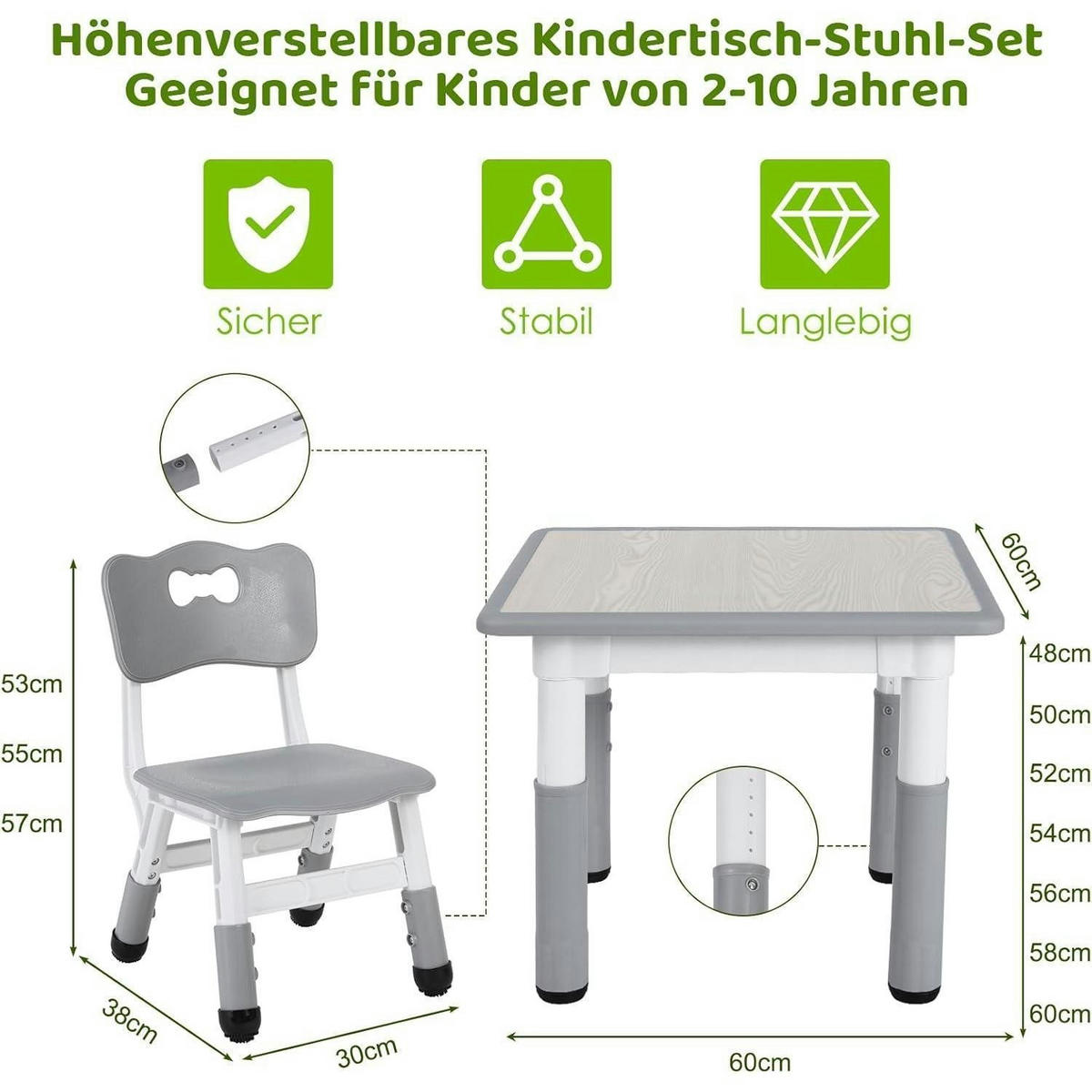 KINDERTISCH mit 2 Stühlen Set höhenverstellbar Grau - Multicolor, Kunststoff (60/60/60cm)