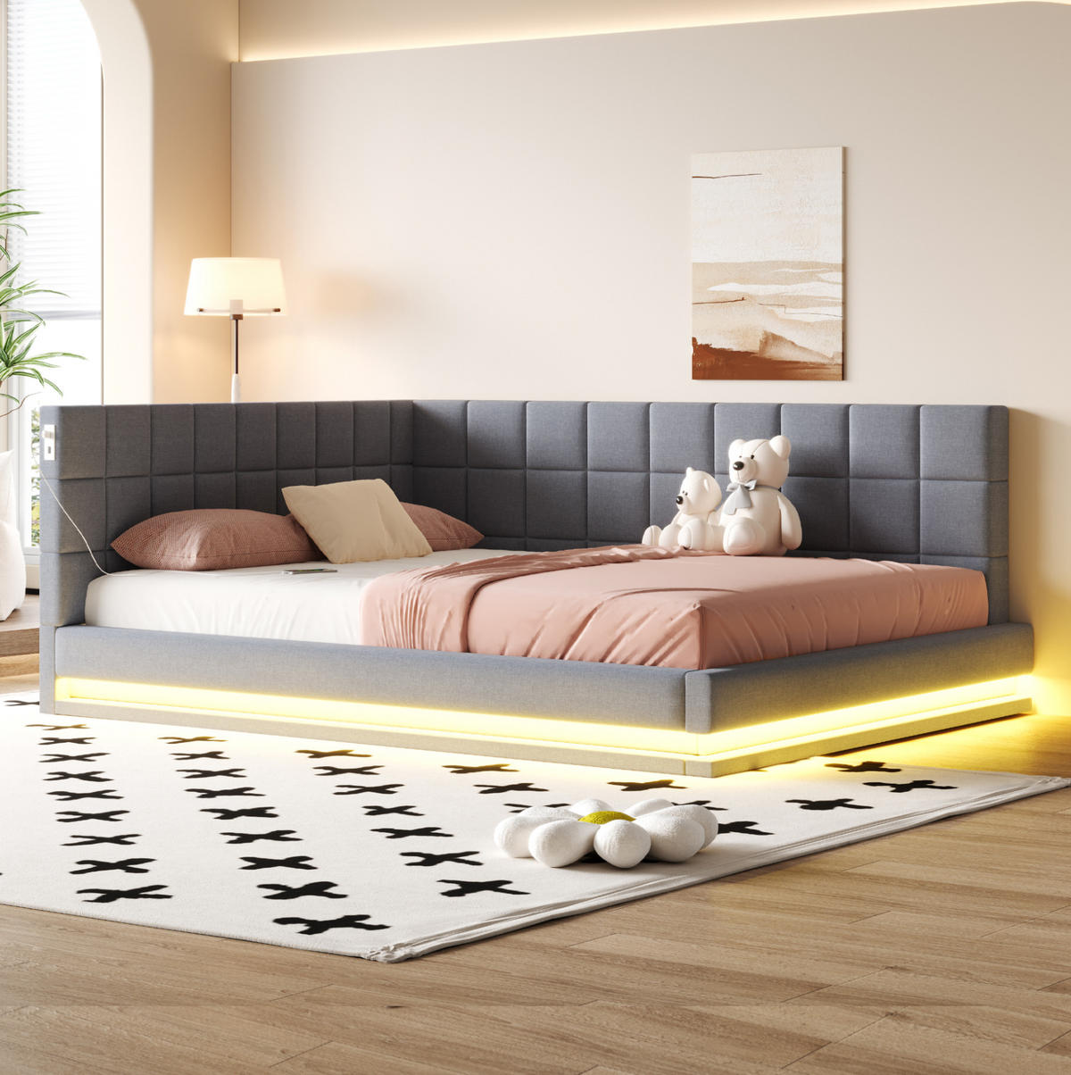 POLSTERBETT 160/200 cm Grau aus Leinen mit LED-Beleuchtung und USB-Anschluss - Grau, Textil (160/200cm) - OKMYHOME