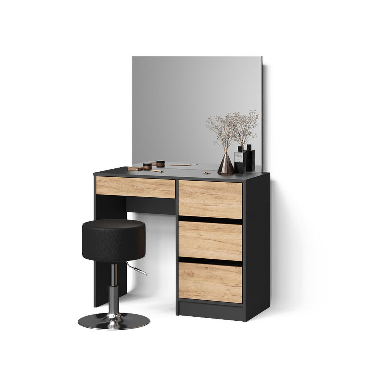 SCHMINKTISCH Imola Anthrazit/Goldkraft Eiche 120 cm mit Hocker - Anthrazit/Eiche Wotan, Holzwerkstoff (120/75/55cm) - Livinity®