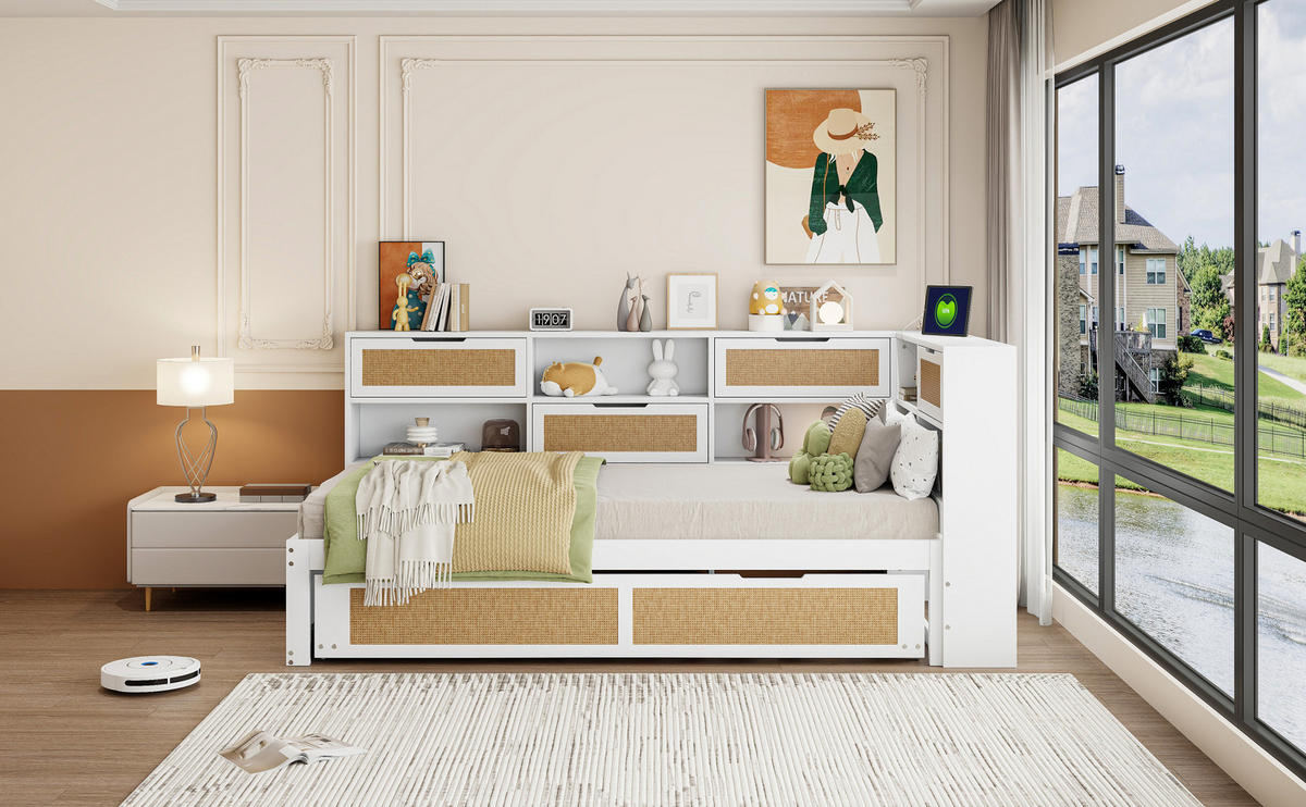 BETT 90/200 cm Weiß aus Massivholz mit Bett und Ladeanschluss - Weiß, Holz (90/200cm) - OKMYHOME