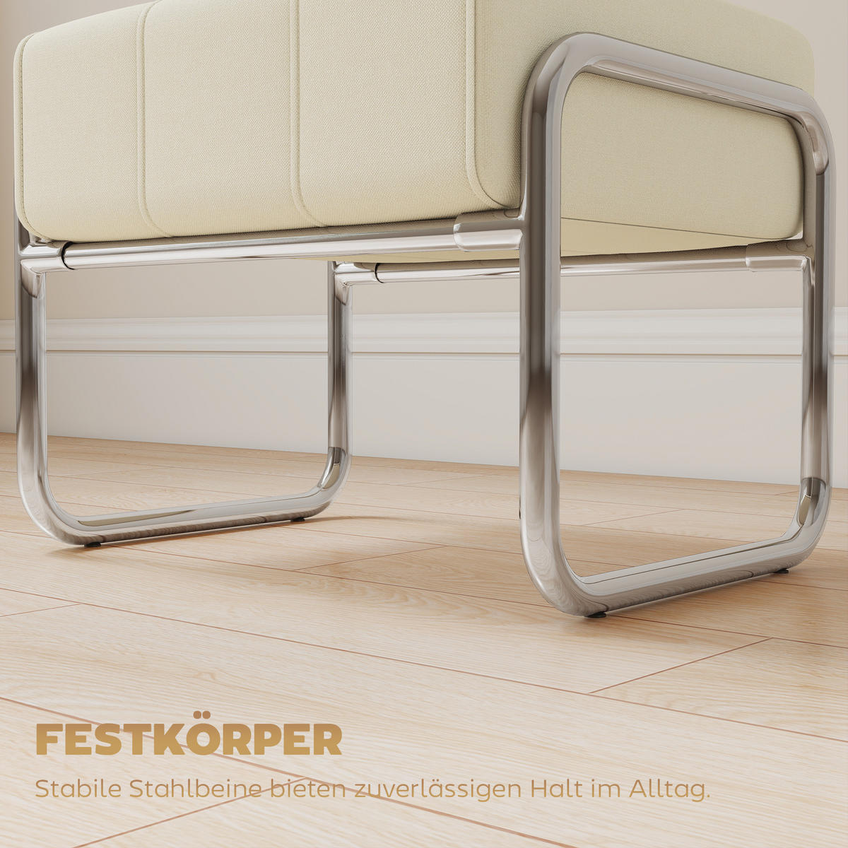FUSSHOCKER Sitzhocker Dick Gepolstert Hocker mit Stahlbeinen für Schlafzimmer - Beige/Silberfarben, Textil/Metall (42/42/52cm) - HOMCOM